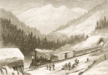Přeprava pošty Spojených států přes Sierru Nevadu v roce 1870, z knihy "American Pictures", kterou vydala The Religious Tract Society, 1876.